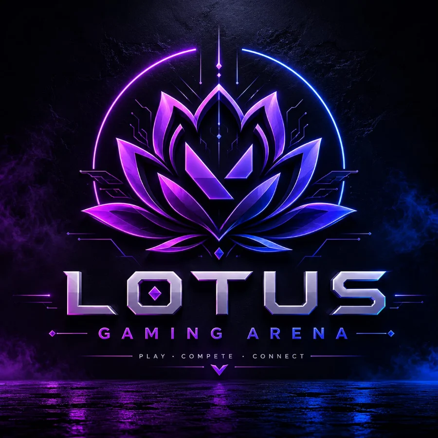 LOTUS GAMING Arena logosu: mor ve mavi tonlarda teknolojik lotus amblemi